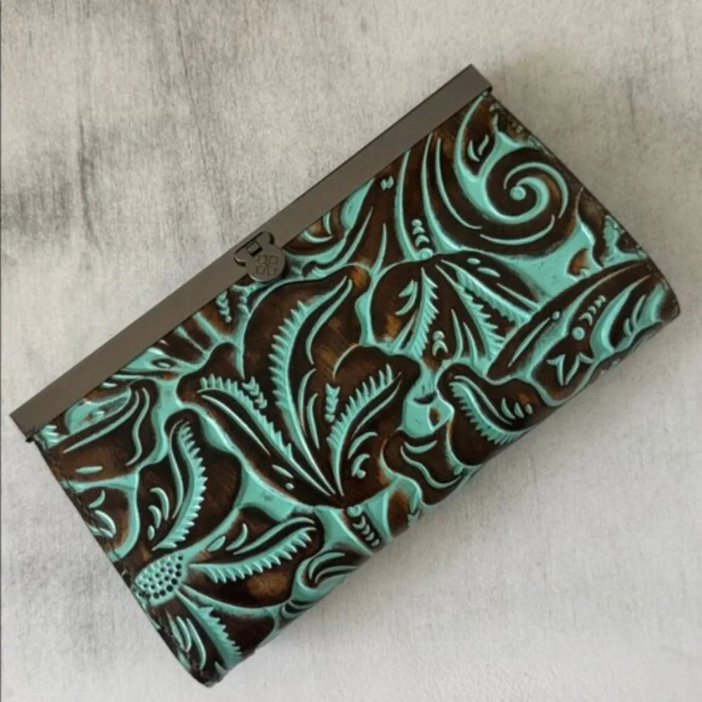 Patricia Nash Wallet Leather Framed Turquoise Cauchy Tooled In Gift Box